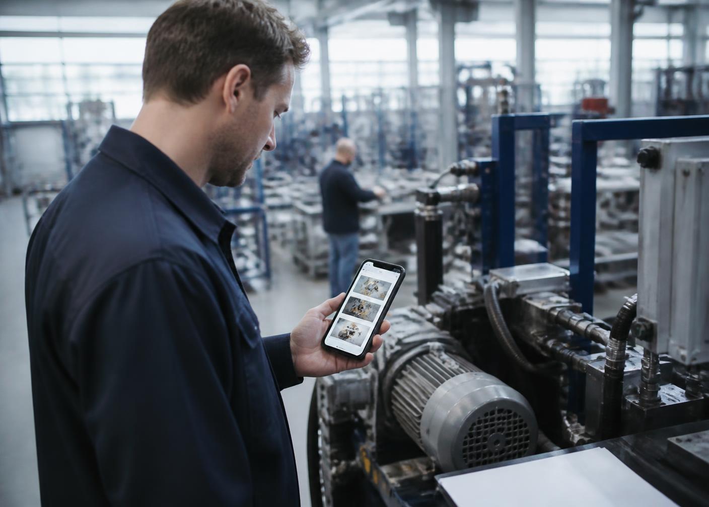 Technician in a production hall following a step-by-step Knowby instruction on a smartphone